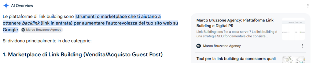 Ecco un esempio di come le brand mention possono aiutarti a comparire nella sezione AI Overview di Google.